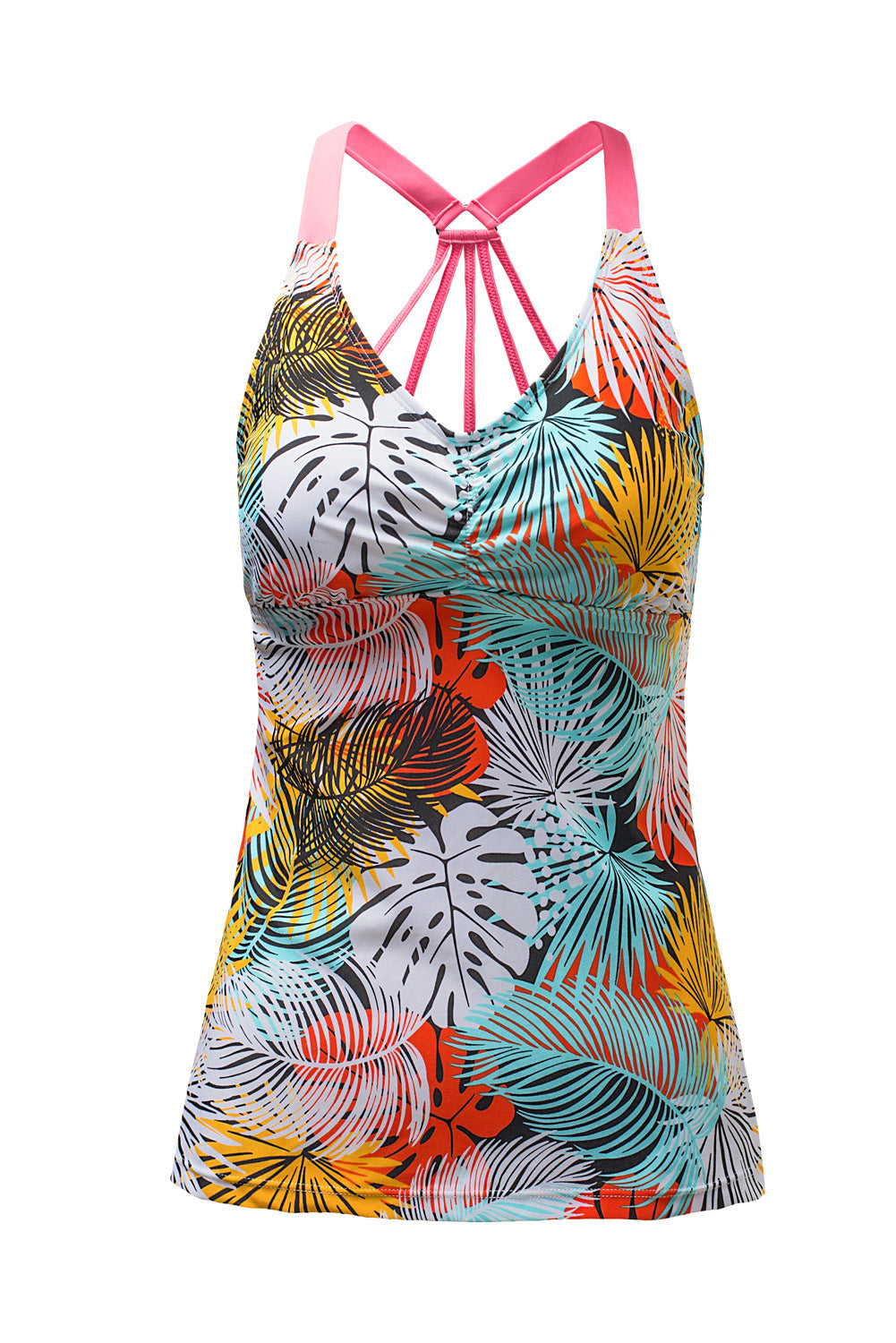 Yellow Floral Printed Strappy Racerback Tankini Swim Top featuring a unique floral design and strappy back for a stylish beach look.