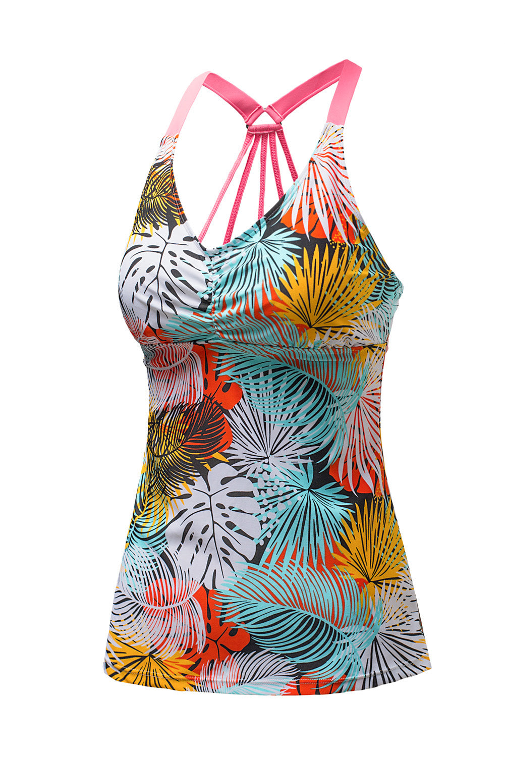 Yellow Floral Printed Strappy Racerback Tankini Swim Top featuring a unique floral design and strappy back for a stylish beach look.