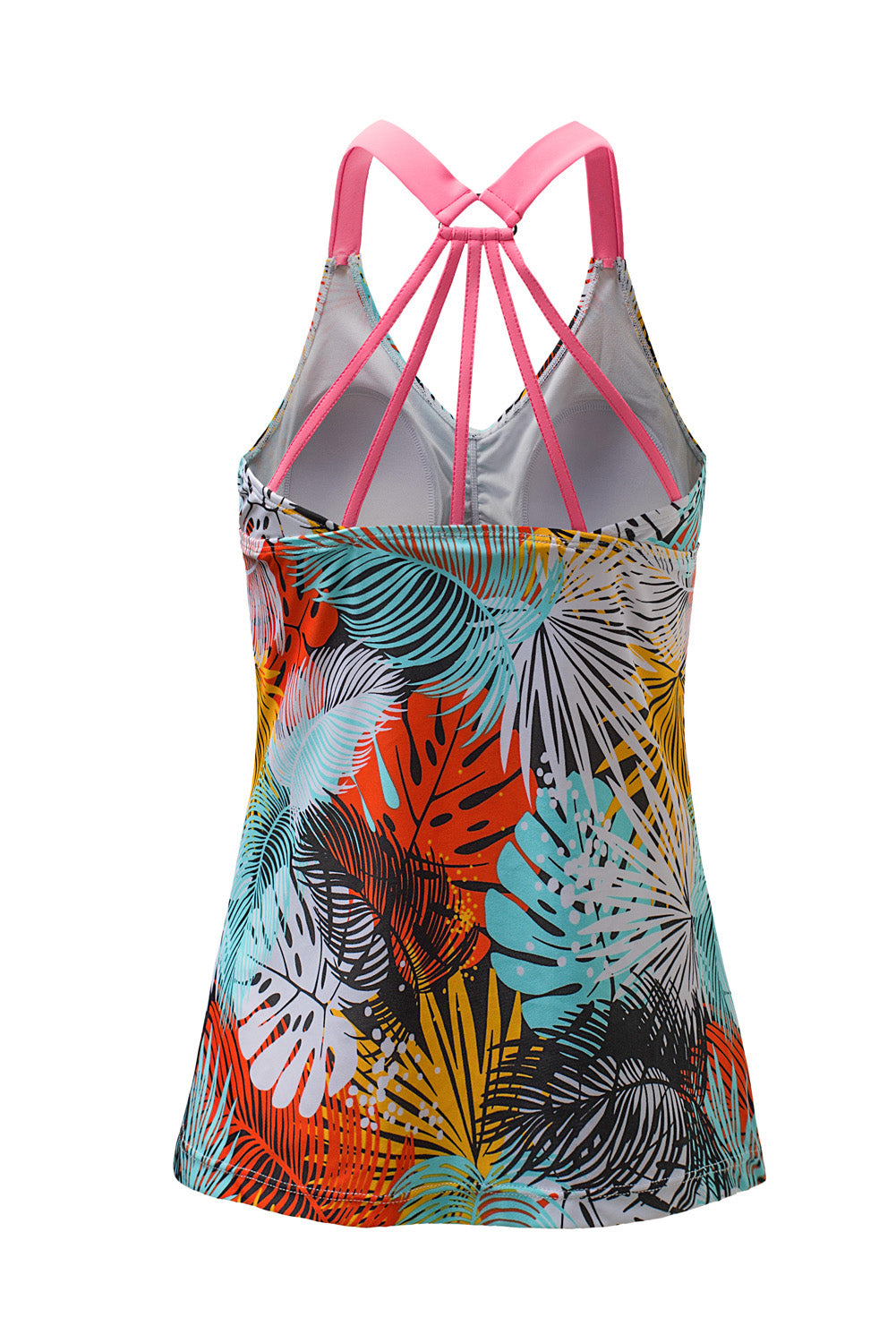 Yellow Floral Printed Strappy Racerback Tankini Swim Top featuring a unique floral design and strappy back for a stylish beach look.