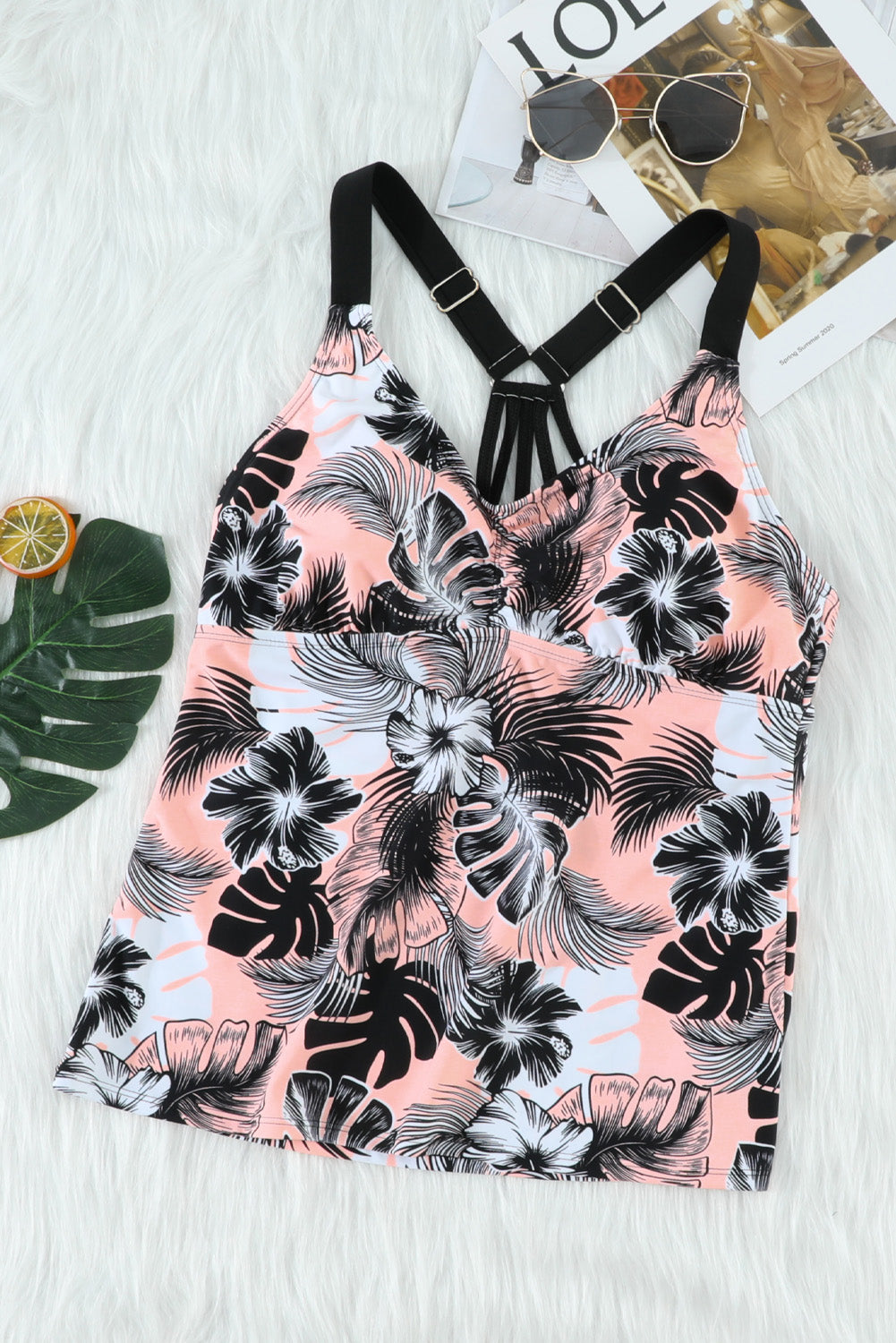 Yellow Floral Printed Strappy Racerback Tankini Swim Top featuring a unique floral design and strappy back for a stylish beach look.