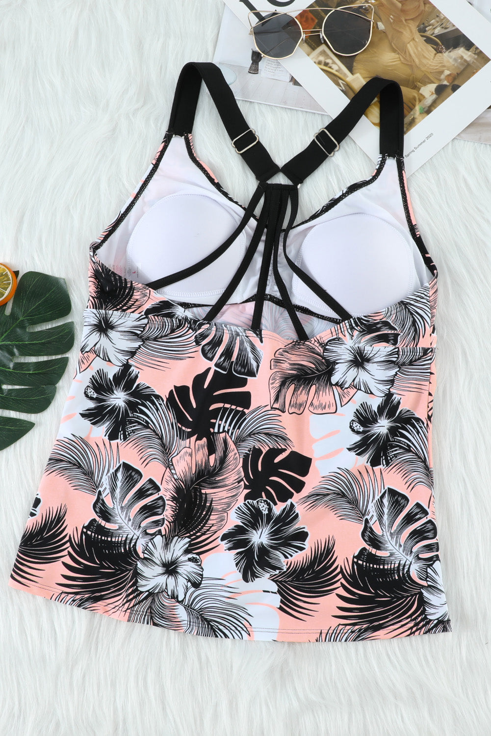 Yellow Floral Printed Strappy Racerback Tankini Swim Top featuring a unique floral design and strappy back for a stylish beach look.