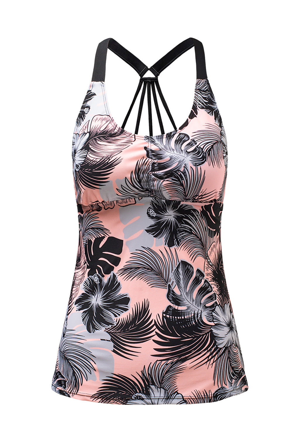 Yellow Floral Printed Strappy Racerback Tankini Swim Top featuring a unique floral design and strappy back for a stylish beach look.