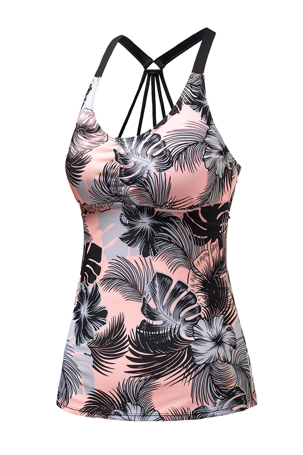 Yellow Floral Printed Strappy Racerback Tankini Swim Top featuring a unique floral design and strappy back for a stylish beach look.