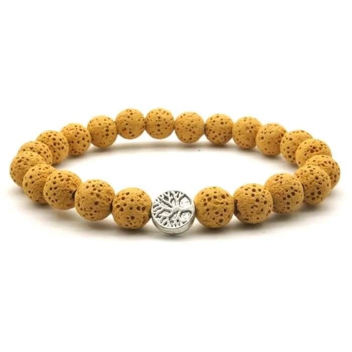 Yellow Tree of Life Lava Stone Essential Oil Bracelet featuring natural lava stones and a tree of life design, perfect for aromatherapy.