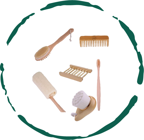 Zero-Waste Bath Accessories Bundle featuring bamboo toothbrush, comb, loofah, and bath brush, all eco-friendly and stylish.