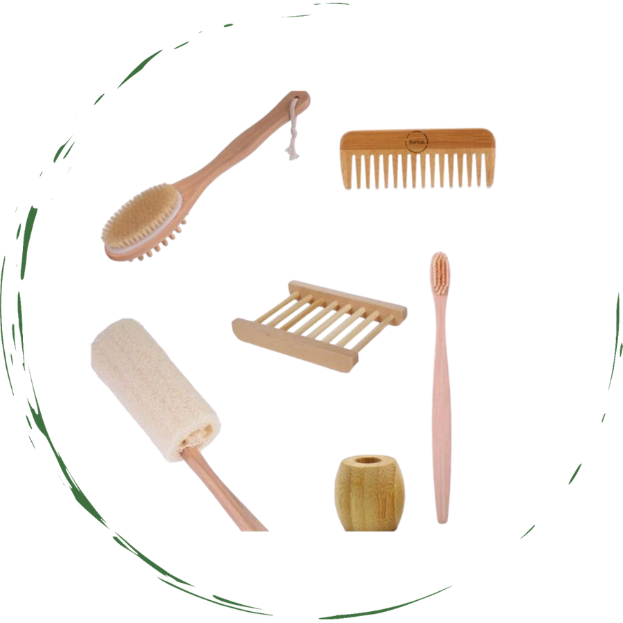 Zero-Waste Bath Accessories Bundle featuring bamboo toothbrush, comb, loofah, and bath brush, all eco-friendly and stylish.