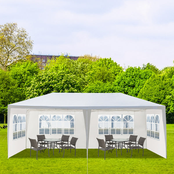 A spacious 10'X20' outdoor party tent with four removable sidewalls, showcasing its waterproof design and ample space for gatherings.