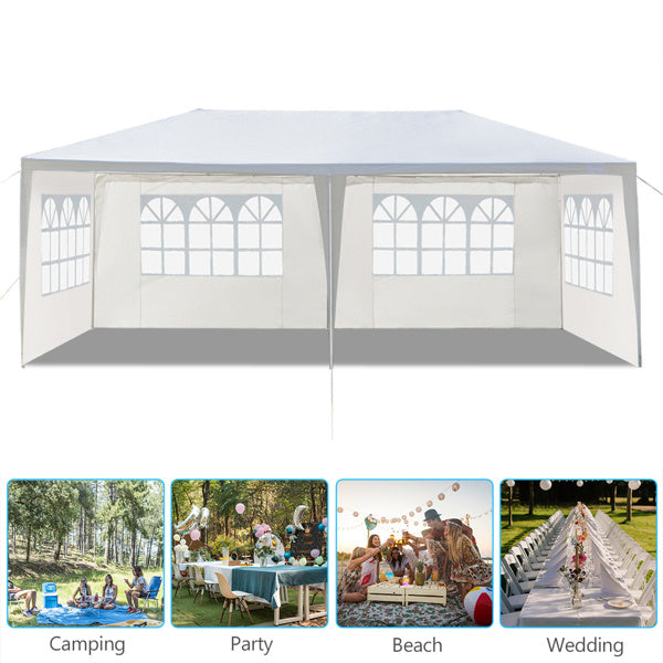 A spacious 10'X20' outdoor party tent with four removable sidewalls, showcasing its waterproof design and ample space for gatherings.