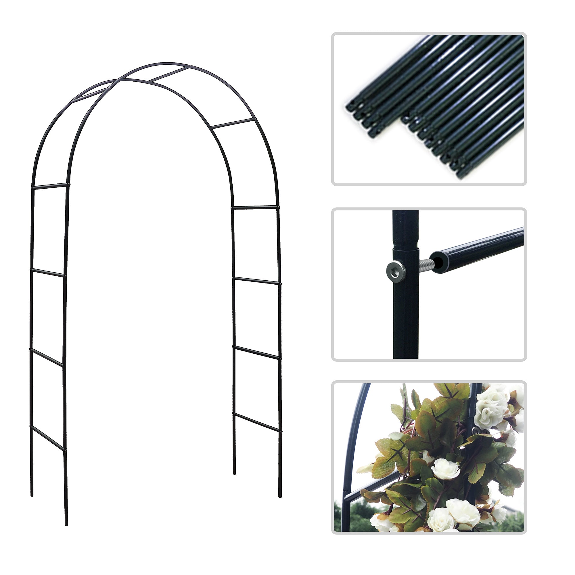 78 inch high metal garden arch trellis in dark green, supporting climbing plants with an elegant design.