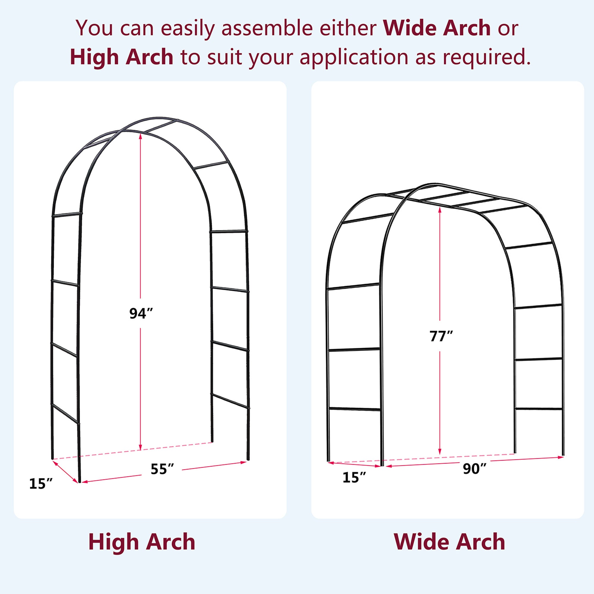 78 inch high metal garden arch trellis in dark green, supporting climbing plants with an elegant design.