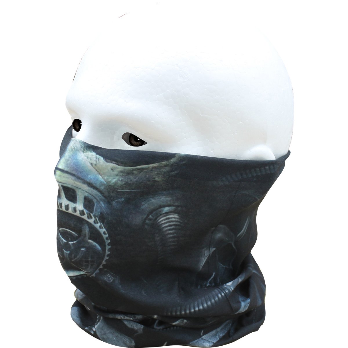 Head mannequin wearing dark neck gaiter.