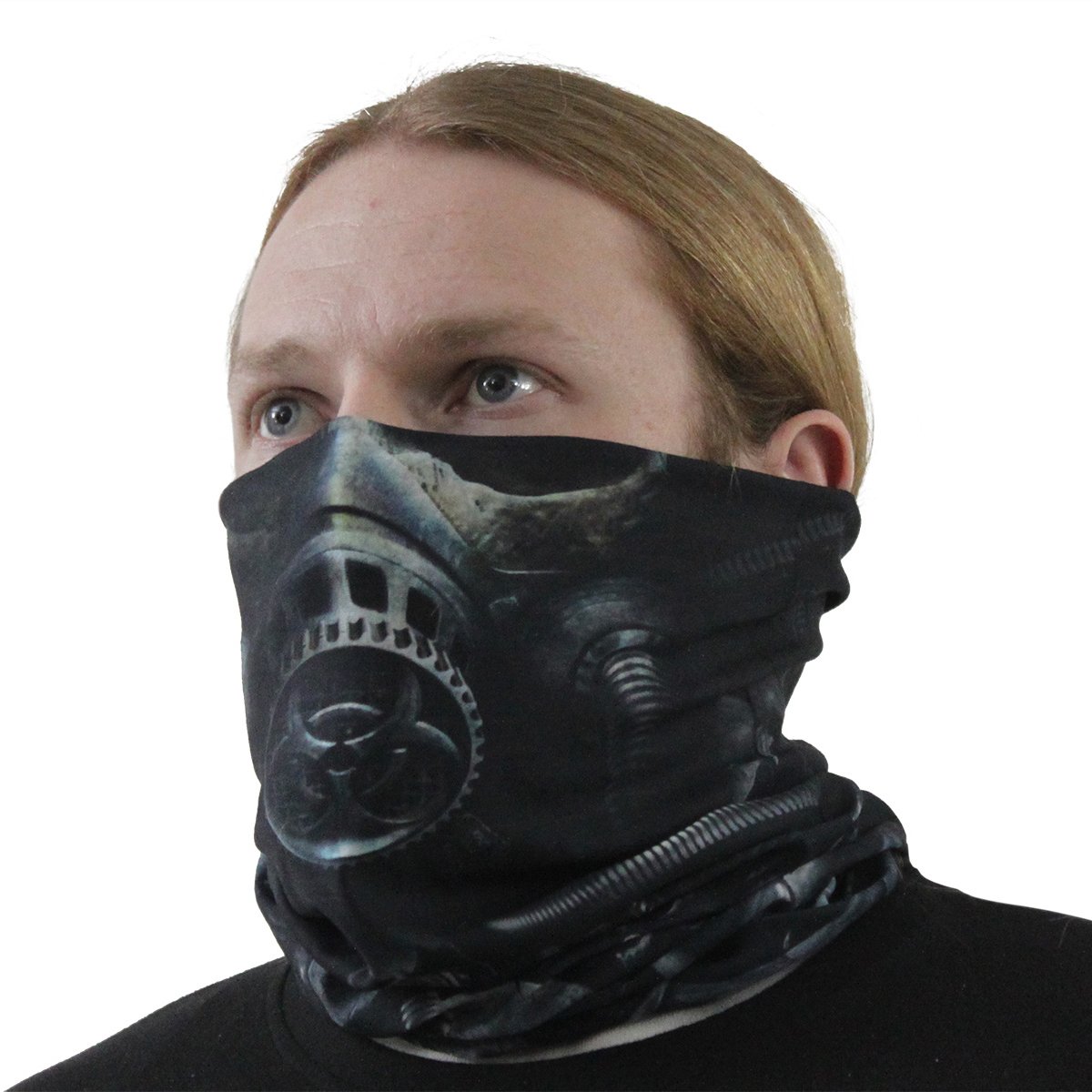 Man wearing a gas mask scarf.