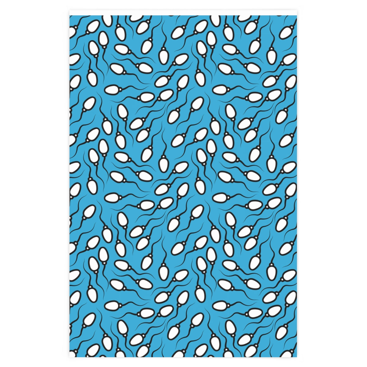 Blue Sperm Wrapping Paper featuring a playful sperm design on premium gloss paper, rolled up for easy storage.