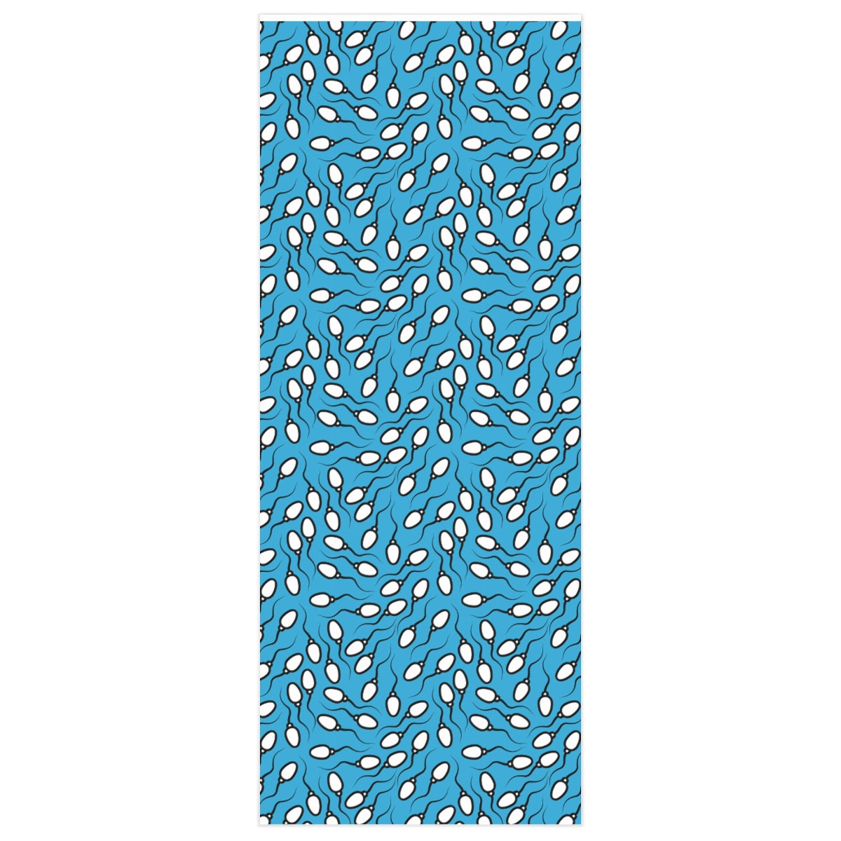 Blue Sperm Wrapping Paper featuring a playful sperm design on premium gloss paper, rolled up for easy storage.