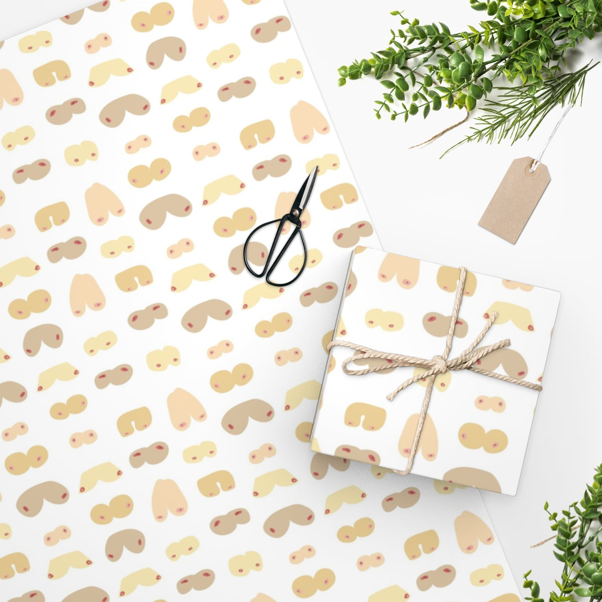 Colorful Boob Wrapping Paper featuring humorous designs, rolled up and ready for gift wrapping, showcasing vibrant colors and playful illustrations.