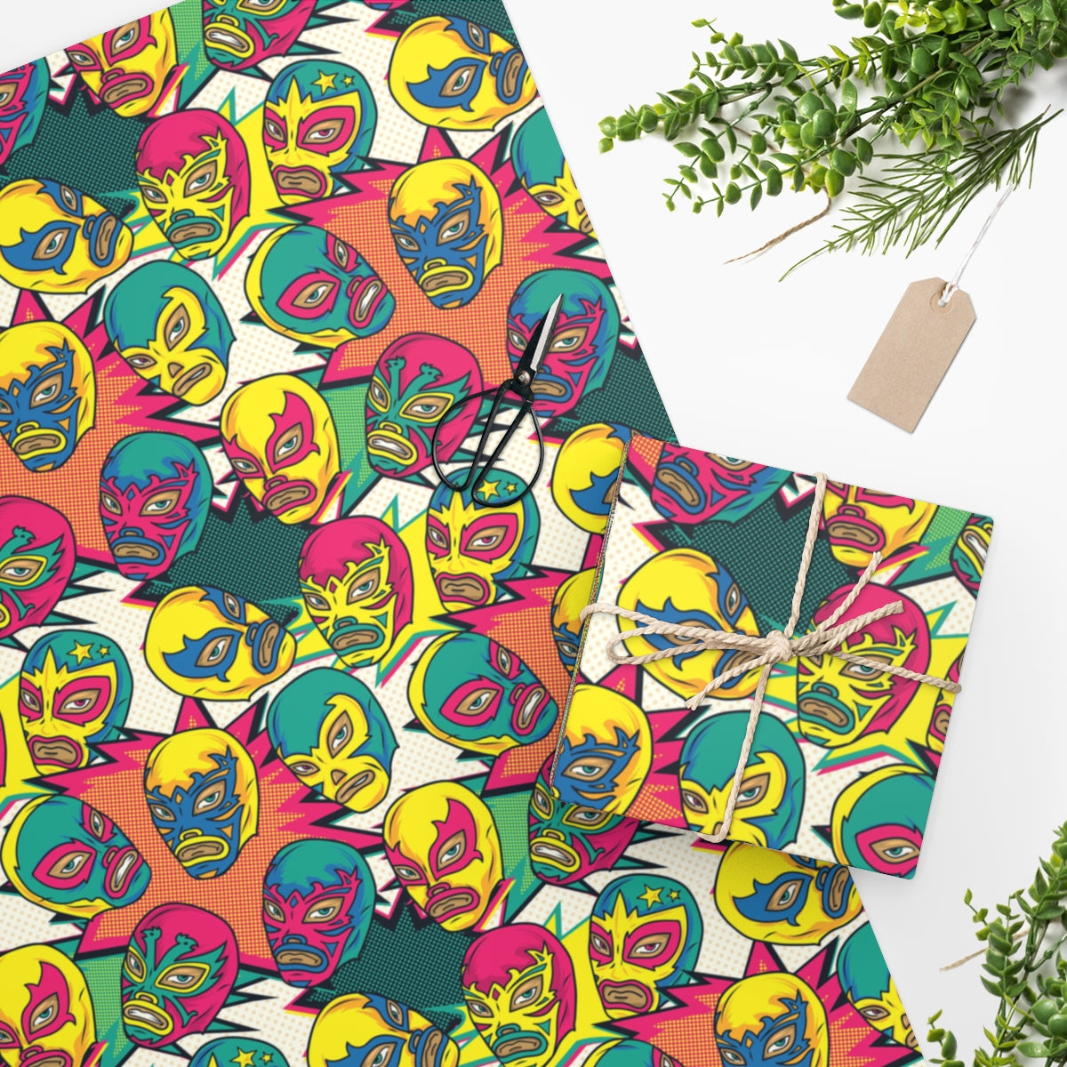 Bright Luchador Gift Wrap featuring colorful luchador designs on premium gloss paper, rolled up and ready for use.