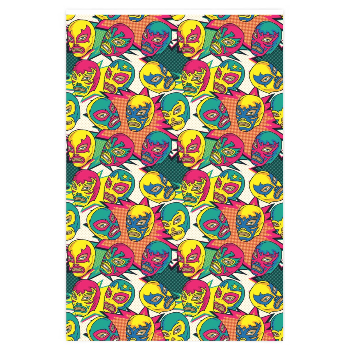 Bright Luchador Gift Wrap featuring colorful luchador designs on premium gloss paper, rolled up and ready for use.