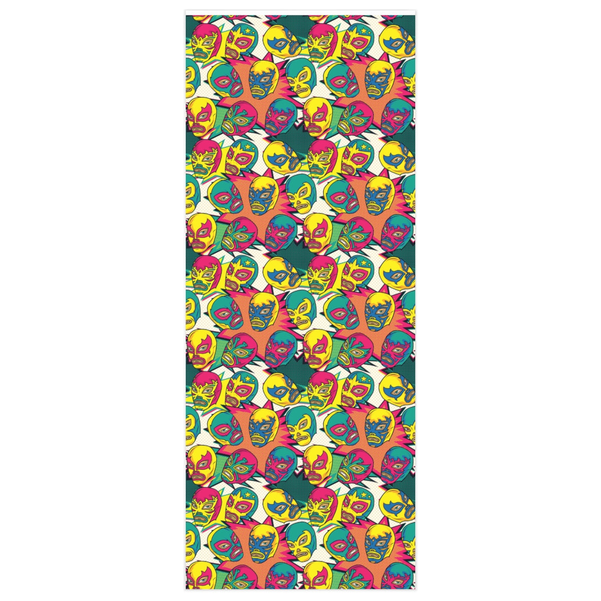 Bright Luchador Gift Wrap featuring colorful luchador designs on premium gloss paper, rolled up and ready for use.