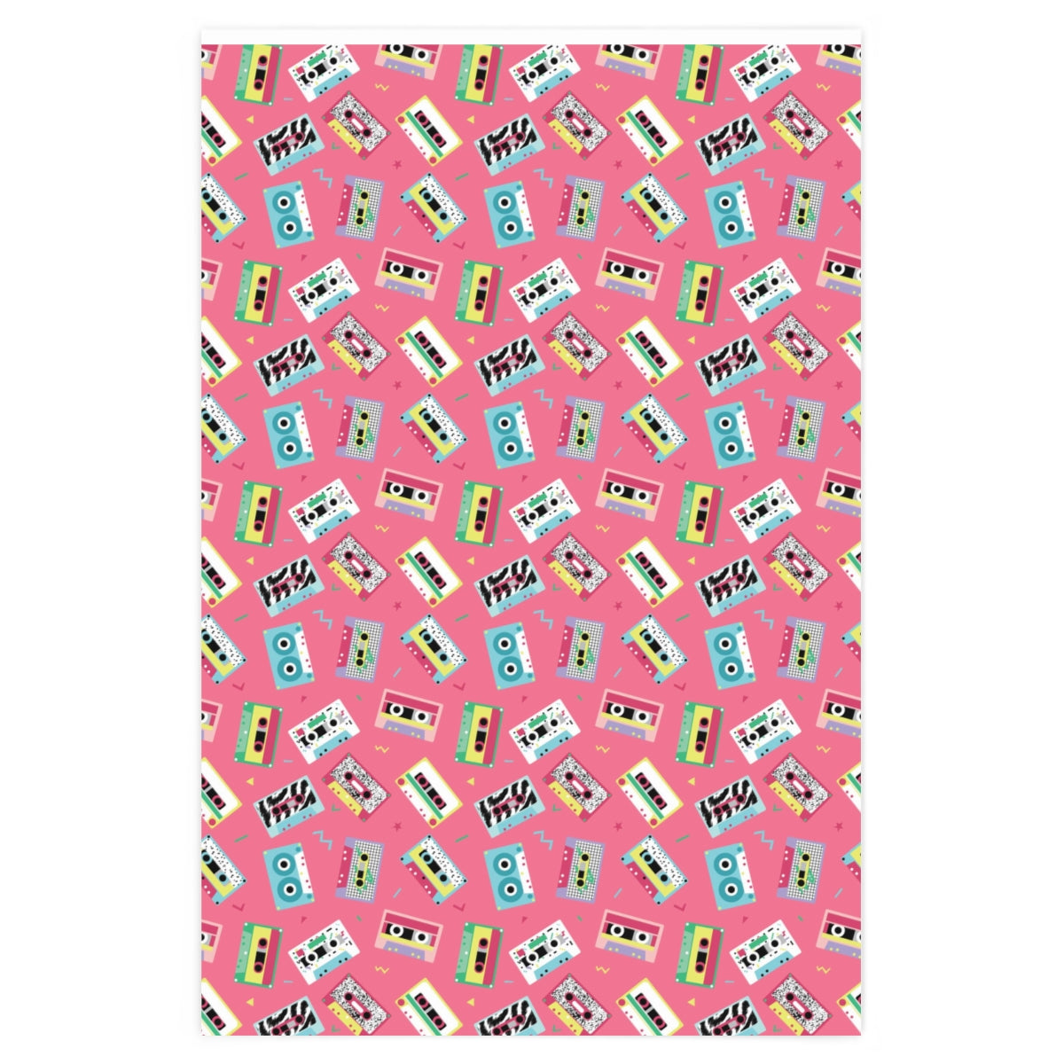 Cassette Tape Retro Wrapping Paper featuring vibrant colors and a nostalgic design, rolled up and ready for gift wrapping.