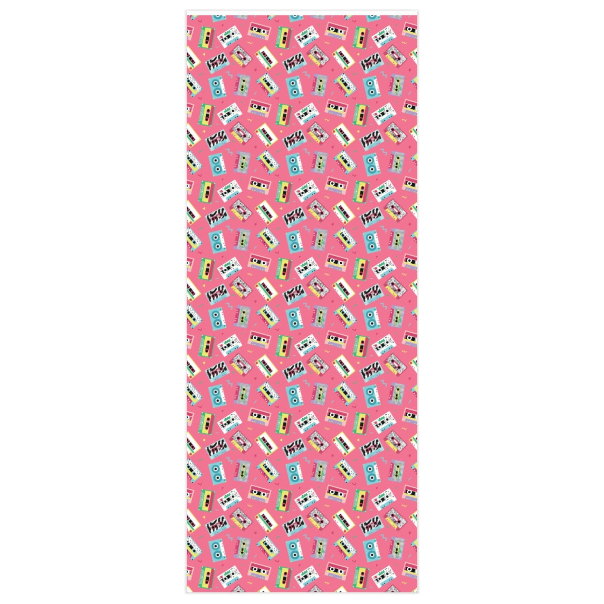 Cassette Tape Retro Wrapping Paper featuring vibrant colors and a nostalgic design, rolled up and ready for gift wrapping.