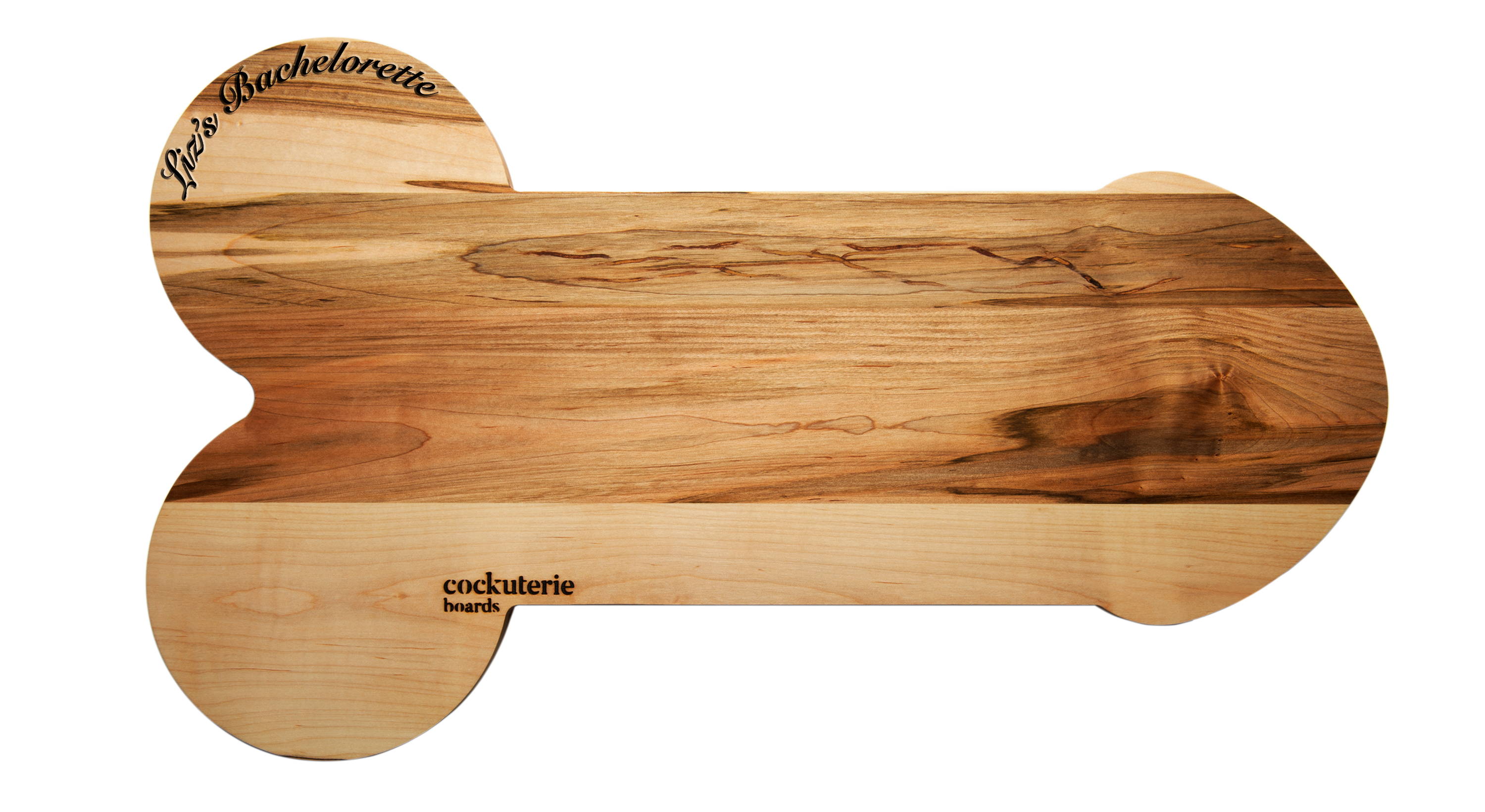 A large Cockuterie Board made from Canadian Maple, featuring a playful design perfect for parties, showcasing its smooth, hand-finished surface.