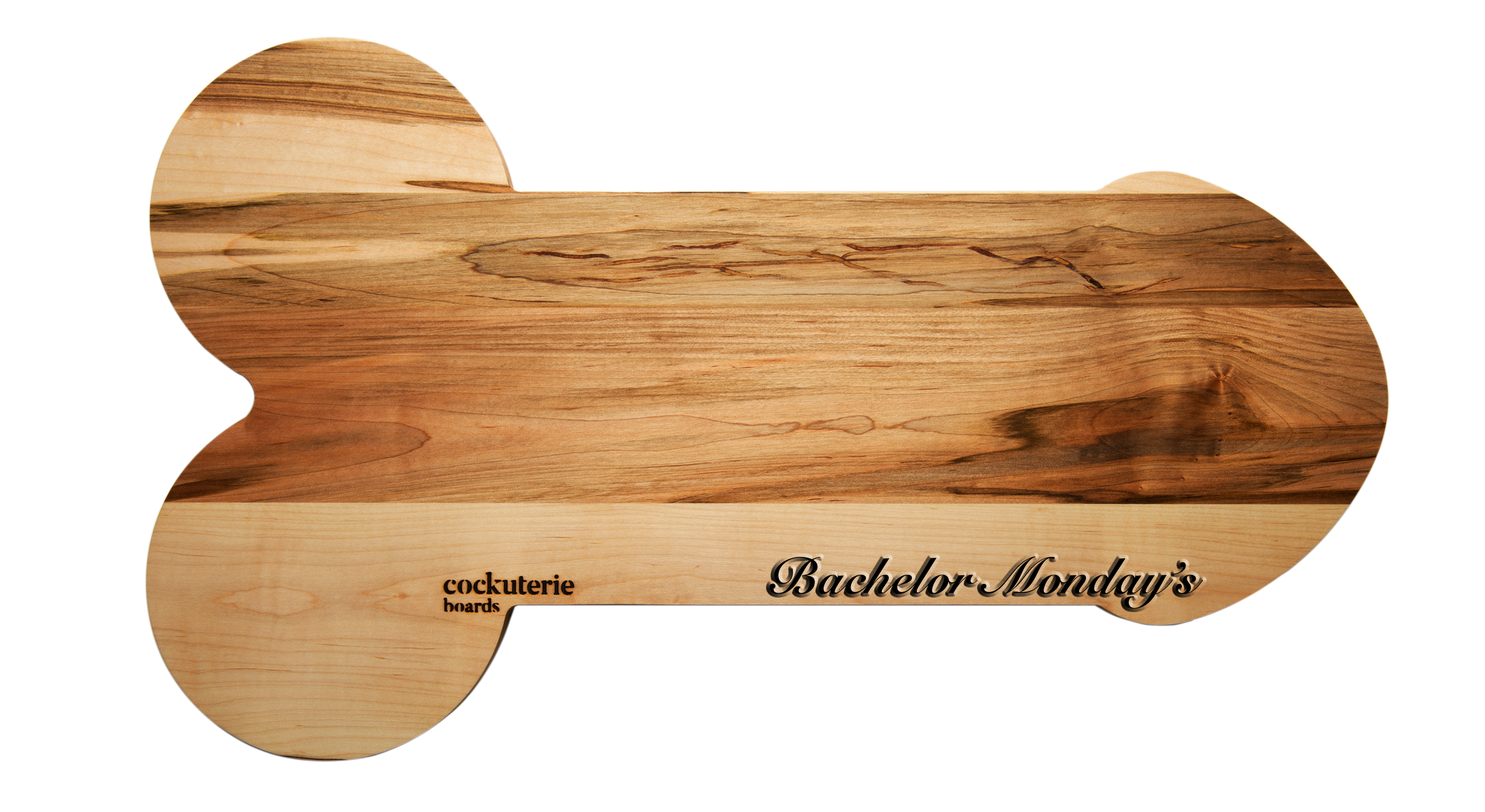 A large Cockuterie Board made from Canadian Maple, featuring a playful design perfect for parties, showcasing its smooth, hand-finished surface.