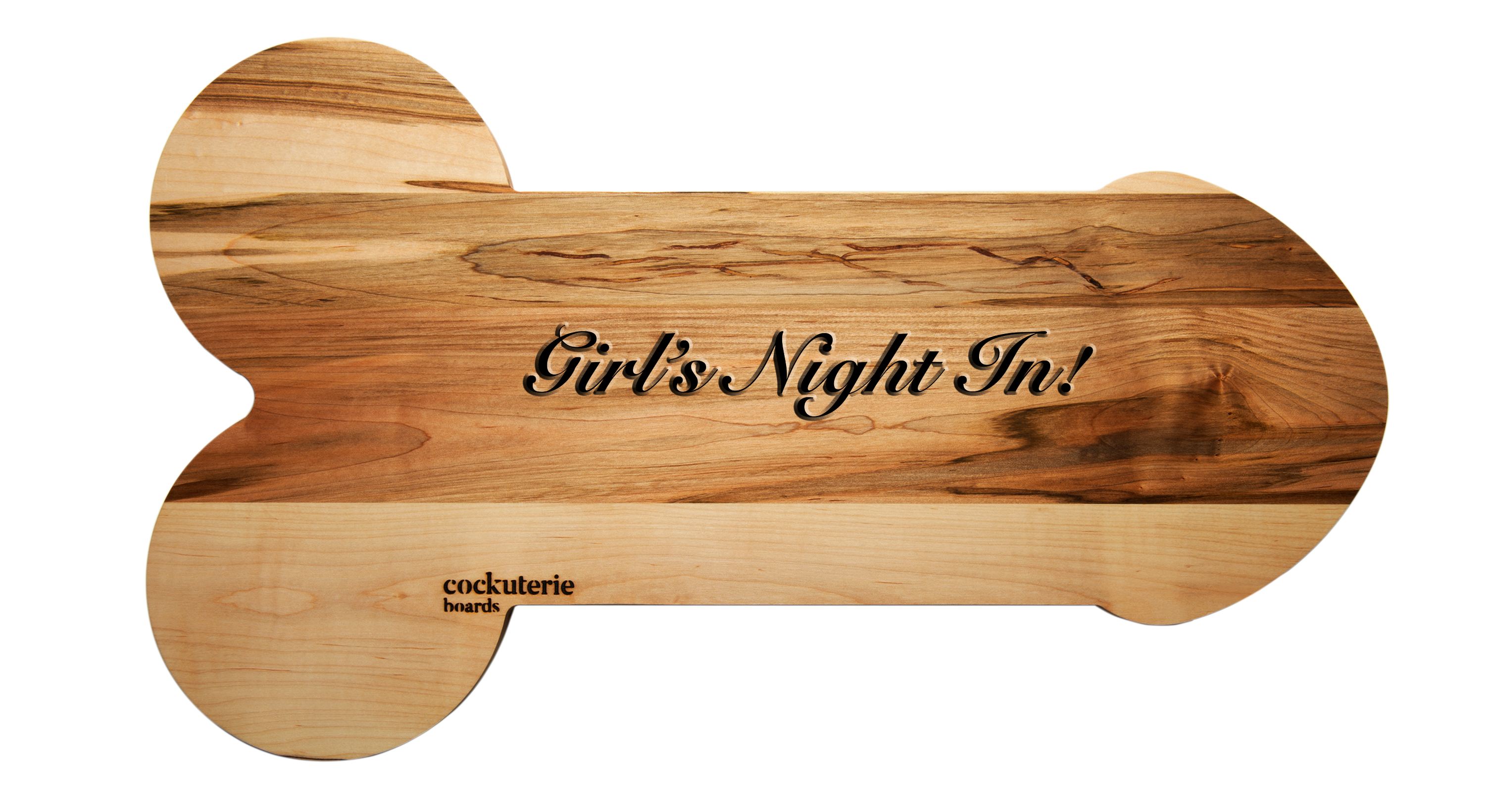 A large Cockuterie Board made from Canadian Maple, featuring a playful design perfect for parties, showcasing its smooth, hand-finished surface.