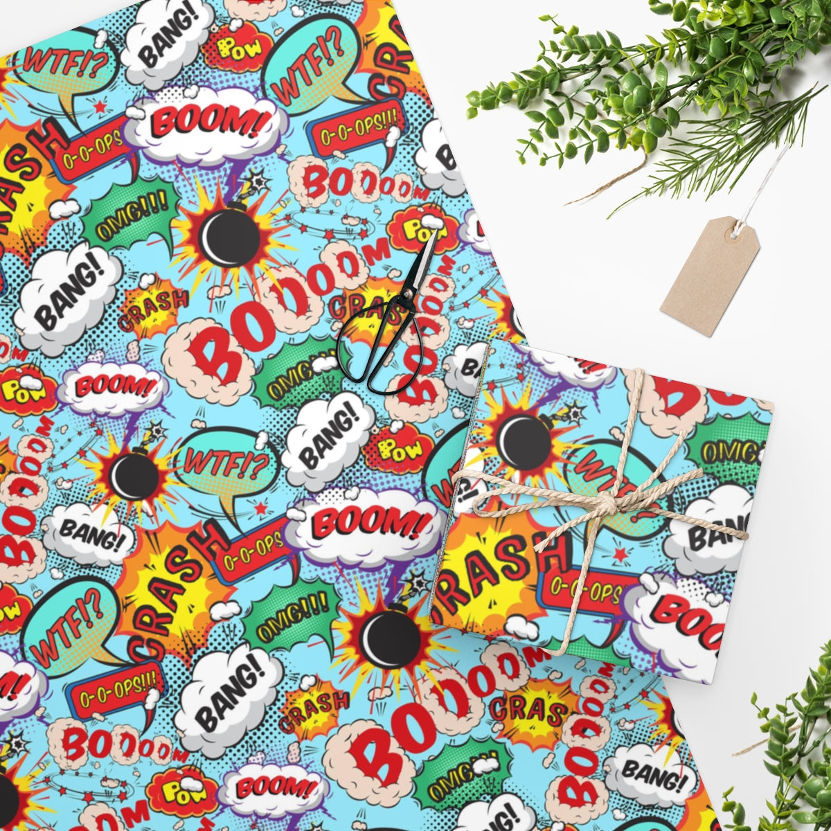 Colorful Comic Speech Bubble Wrapping Paper featuring vibrant designs, rolled up for easy storage.