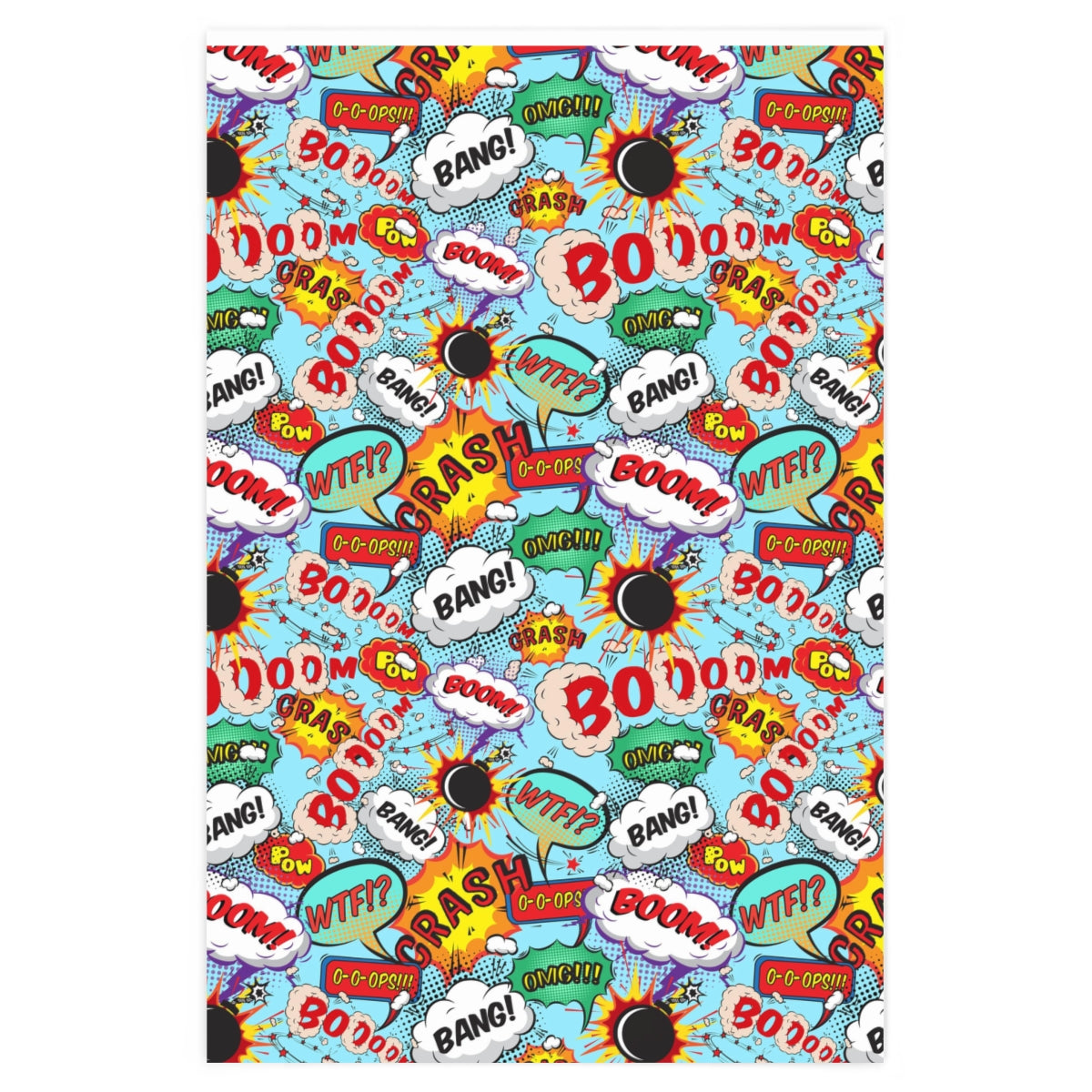 Colorful Comic Speech Bubble Wrapping Paper featuring vibrant designs, rolled up for easy storage.