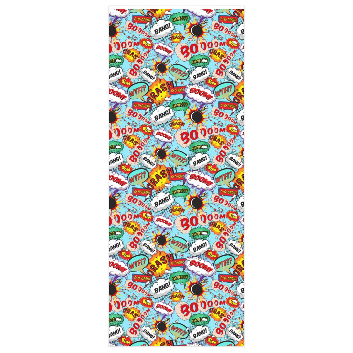 Colorful Comic Speech Bubble Wrapping Paper featuring vibrant designs, rolled up for easy storage.