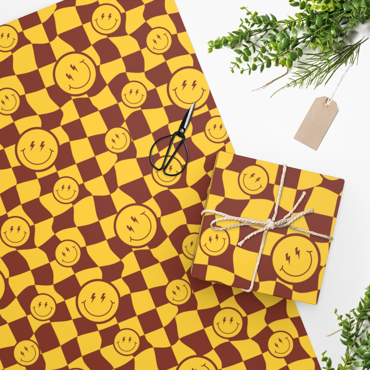 Colorful Distorted Smiley Wrapping Paper featuring retro checkered patterns and smiling faces, rolled up for easy storage.