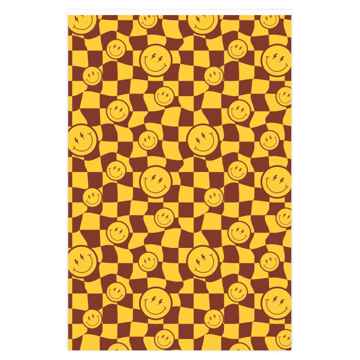 Colorful Distorted Smiley Wrapping Paper featuring retro checkered patterns and smiling faces, rolled up for easy storage.