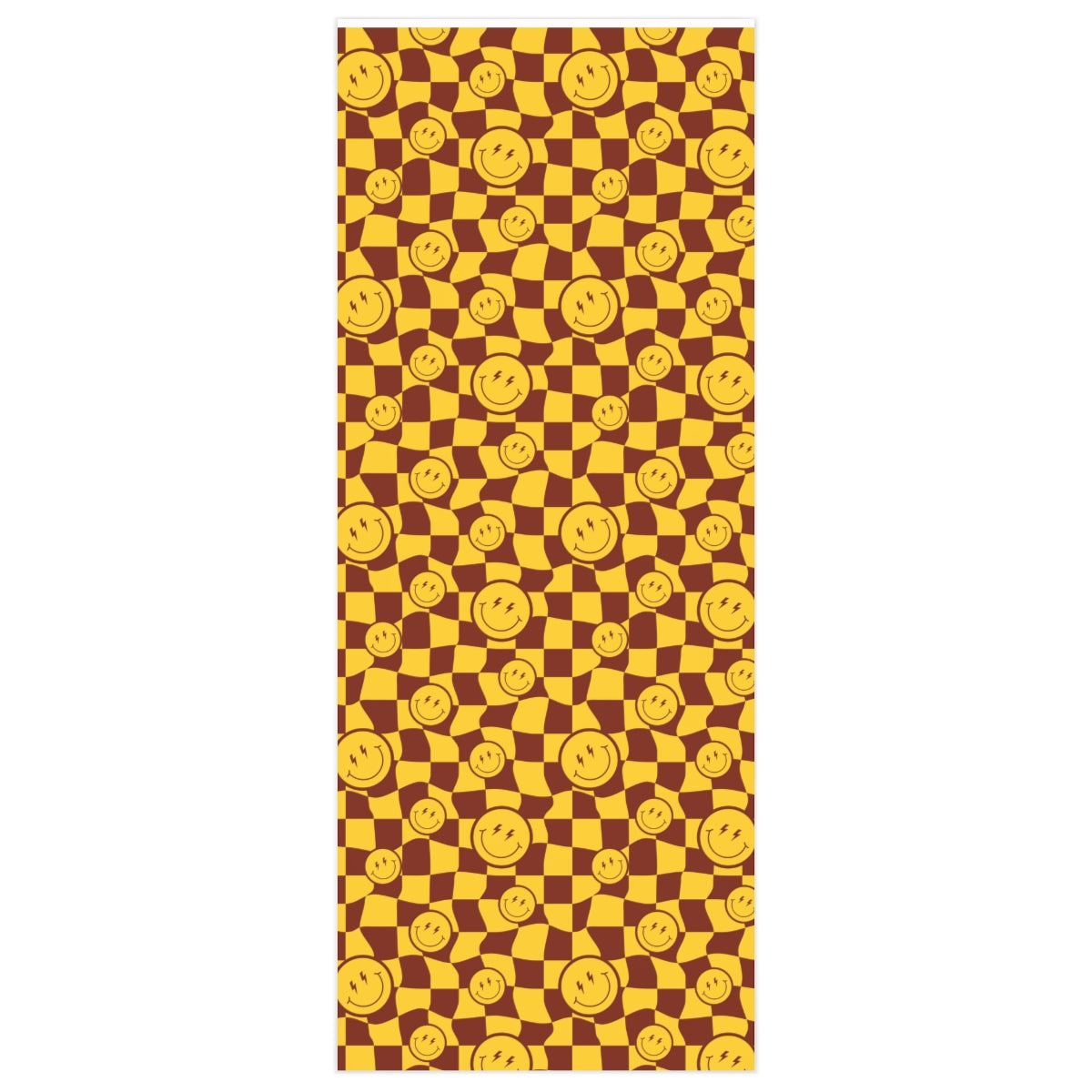 Colorful Distorted Smiley Wrapping Paper featuring retro checkered patterns and smiling faces, rolled up for easy storage.