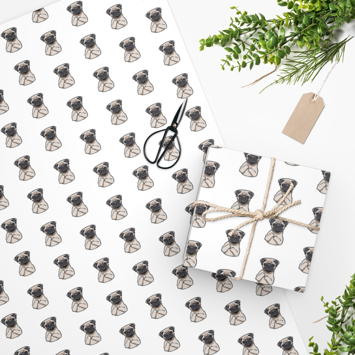 Flipping Off Pug Wrapping Paper featuring playful pug design, printed on premium gloss paper, ideal for gift wrapping.