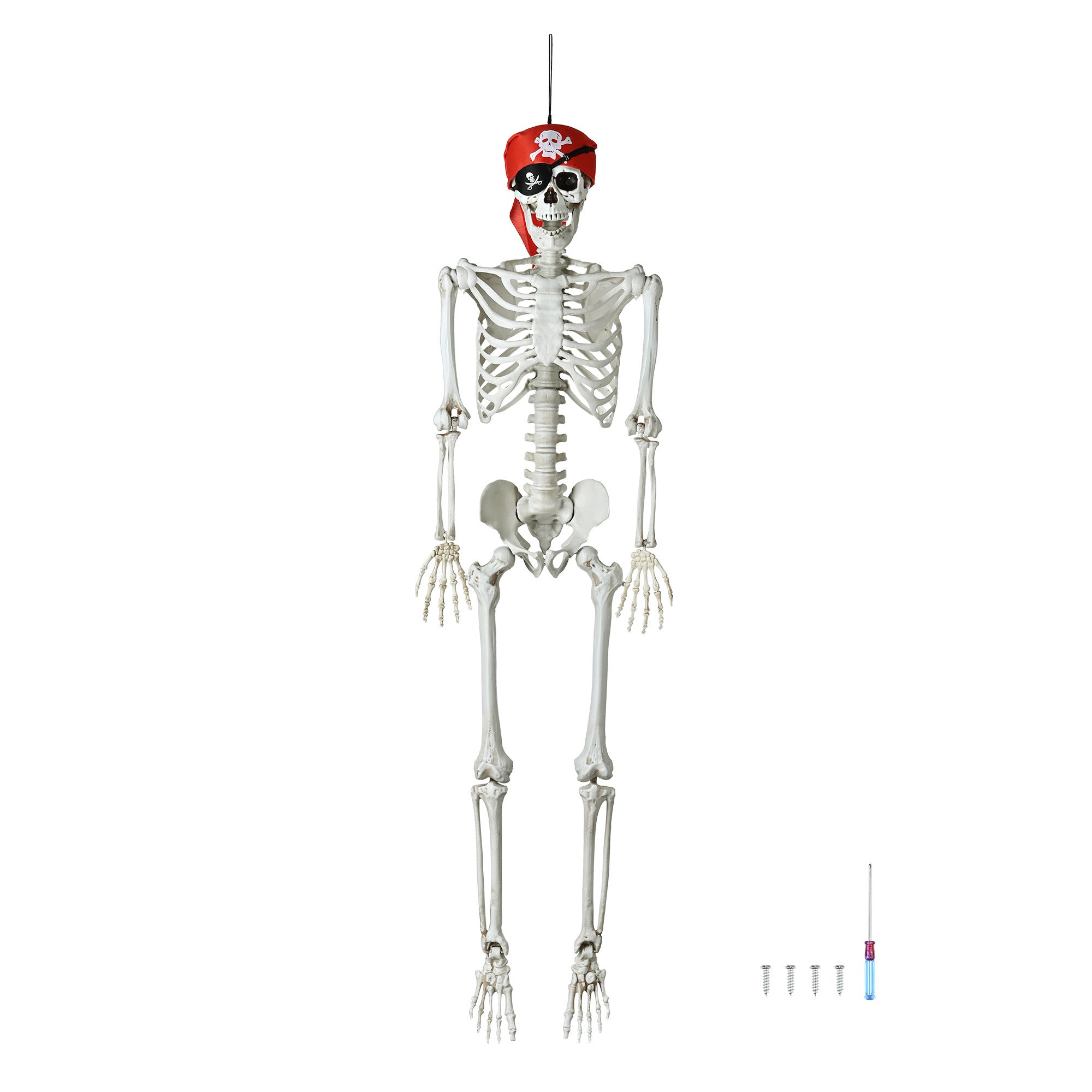 5.4 FT Halloween skeleton decoration with realistic bones, crossbones head scarf, and eye patch, designed for hanging and posing.