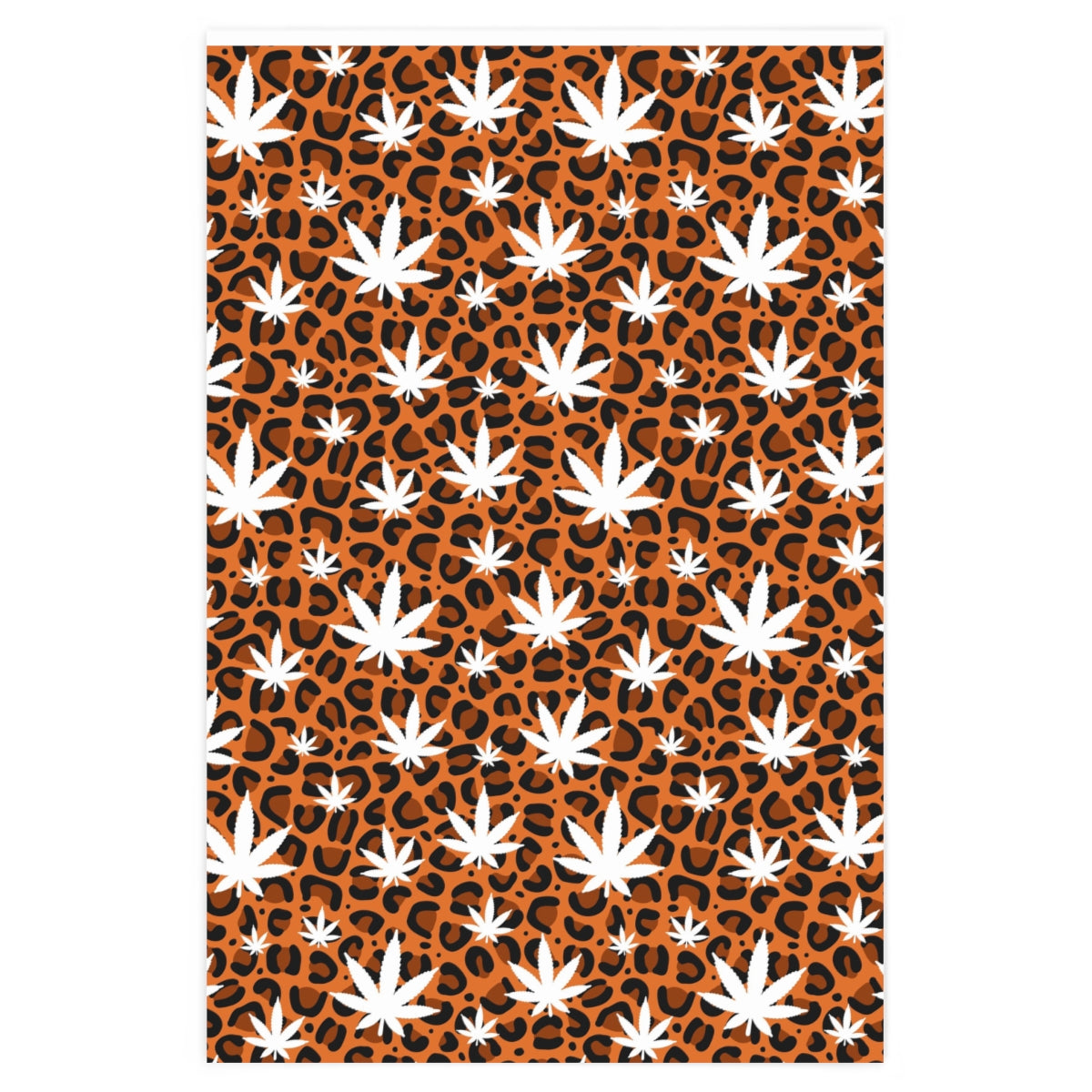 Leopard and weed leaf patterned wrapping paper rolled up, showcasing vibrant colors and unique design, perfect for gift wrapping.