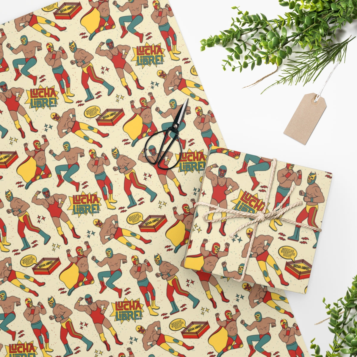 Colorful Luchador patterned wrapping paper rolled up, showcasing vibrant designs perfect for gift wrapping.