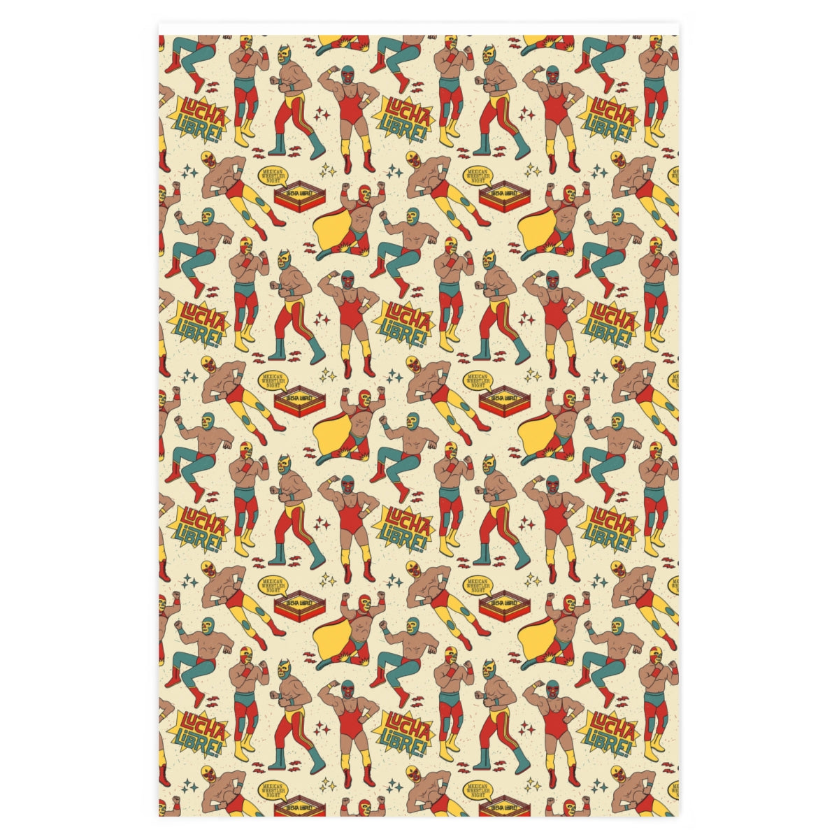 Colorful Luchador patterned wrapping paper rolled up, showcasing vibrant designs perfect for gift wrapping.