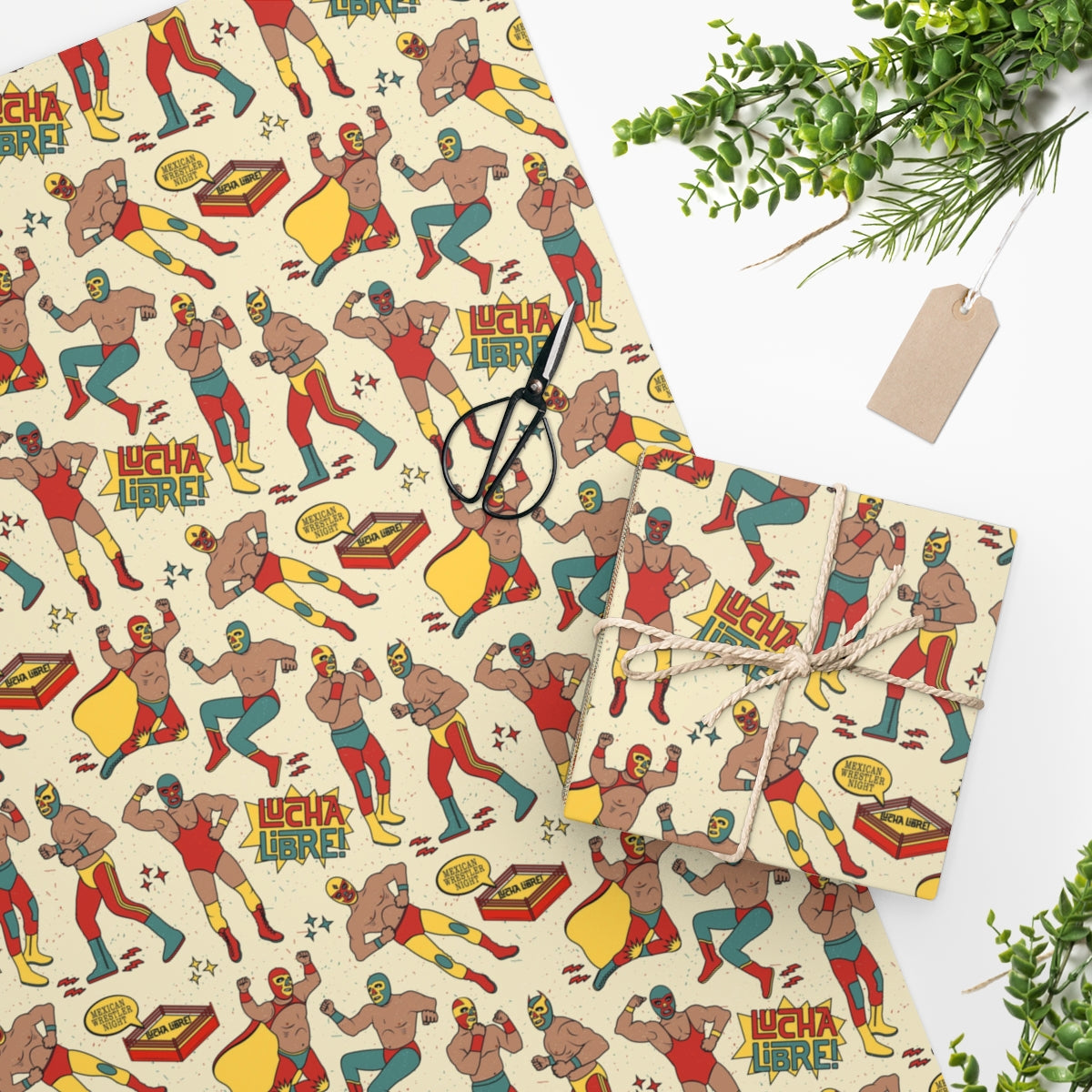 Colorful Luchador patterned wrapping paper rolled up, showcasing vibrant designs perfect for gift wrapping.