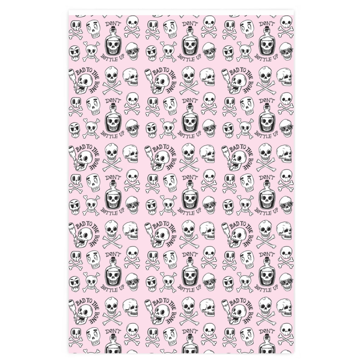 Pink Skull Wrapping Paper featuring edge-to-edge printing on premium gloss paper, rolled up for easy storage.