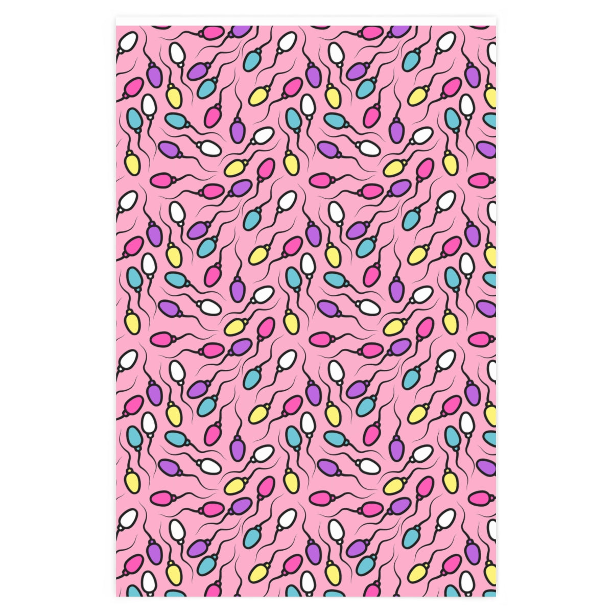 A roll of Pink Sperm Wrapping Paper featuring a playful sperm design on premium gloss paper, ideal for gift wrapping.