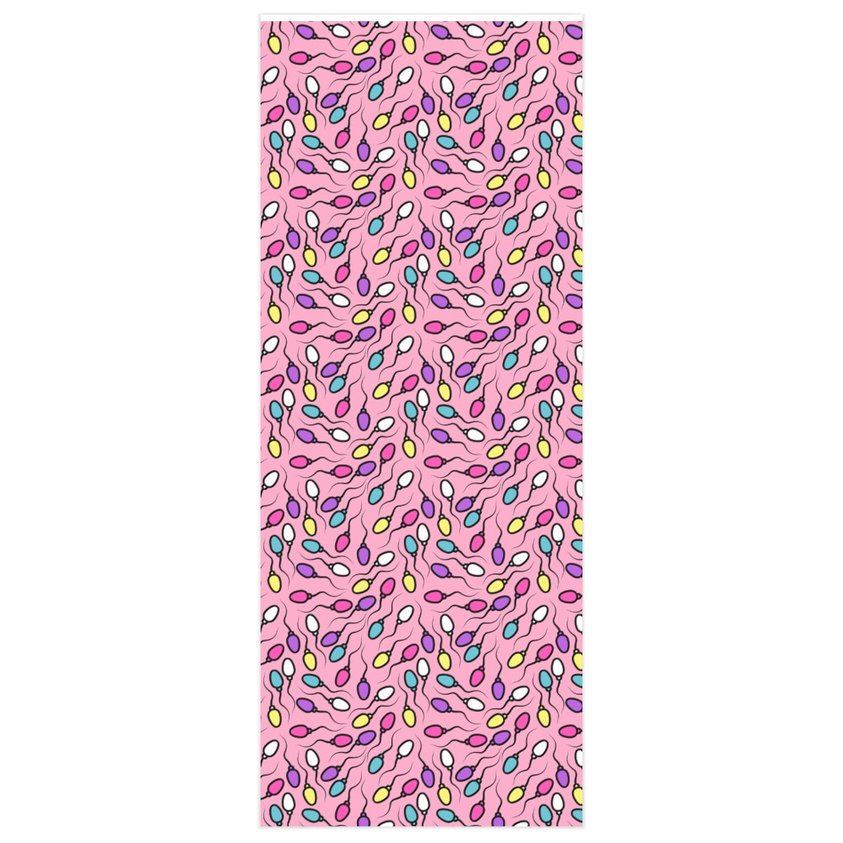 A roll of Pink Sperm Wrapping Paper featuring a playful sperm design on premium gloss paper, ideal for gift wrapping.