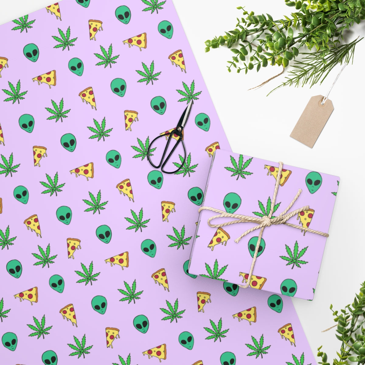 Colorful Pizza Alien Weed Wrapping Paper featuring a vibrant design, rolled up and ready for gift wrapping.