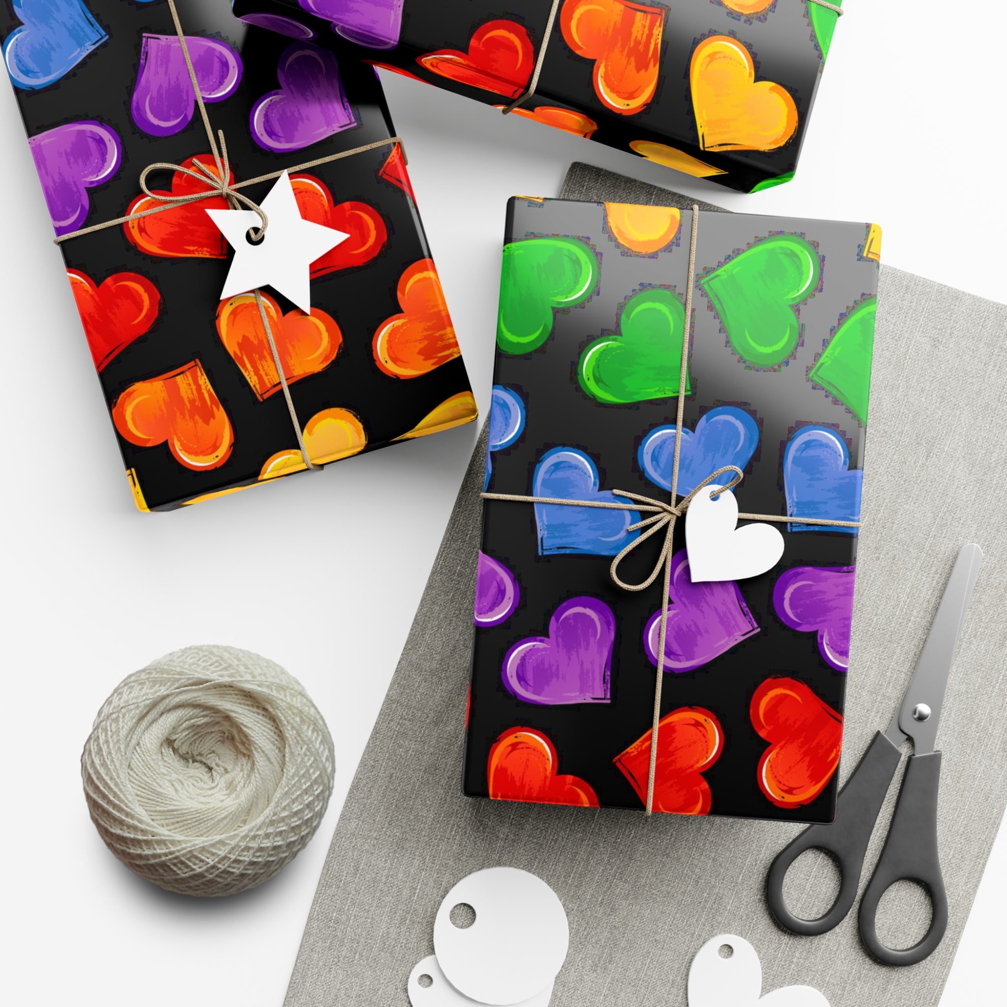 Colorful Pride Heart Wrapping Paper featuring vibrant heart patterns in a satin finish, perfect for gift wrapping.