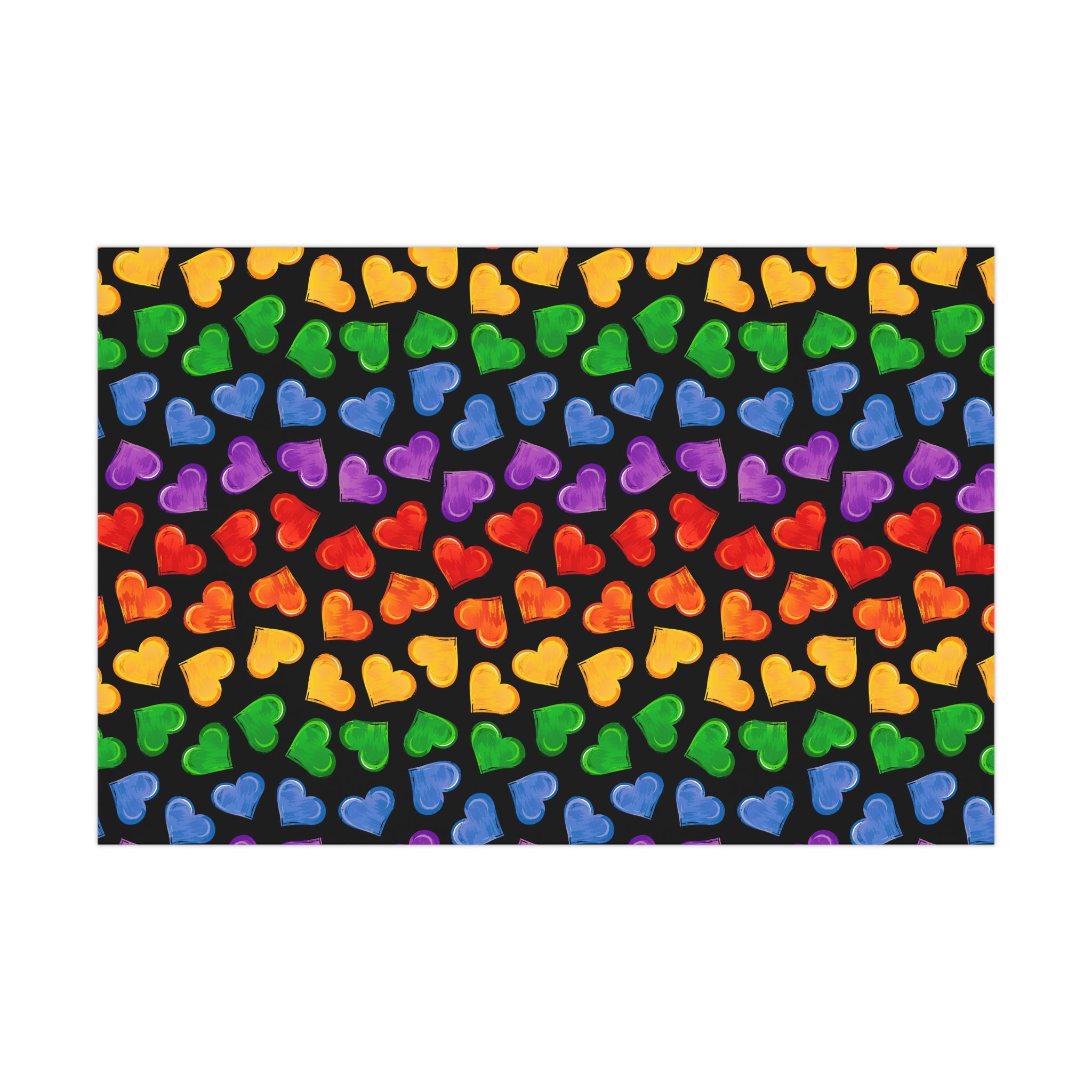 Colorful Pride Heart Wrapping Paper featuring vibrant heart patterns in a satin finish, perfect for gift wrapping.