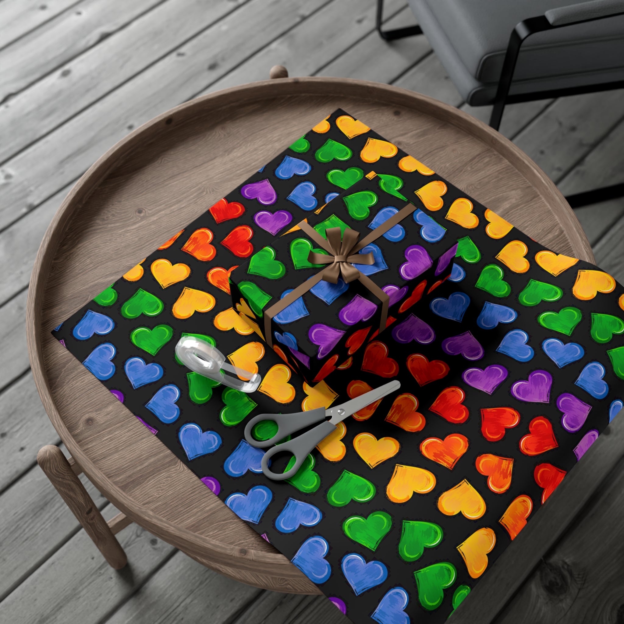 Colorful Pride Heart Wrapping Paper featuring vibrant heart patterns in a satin finish, perfect for gift wrapping.