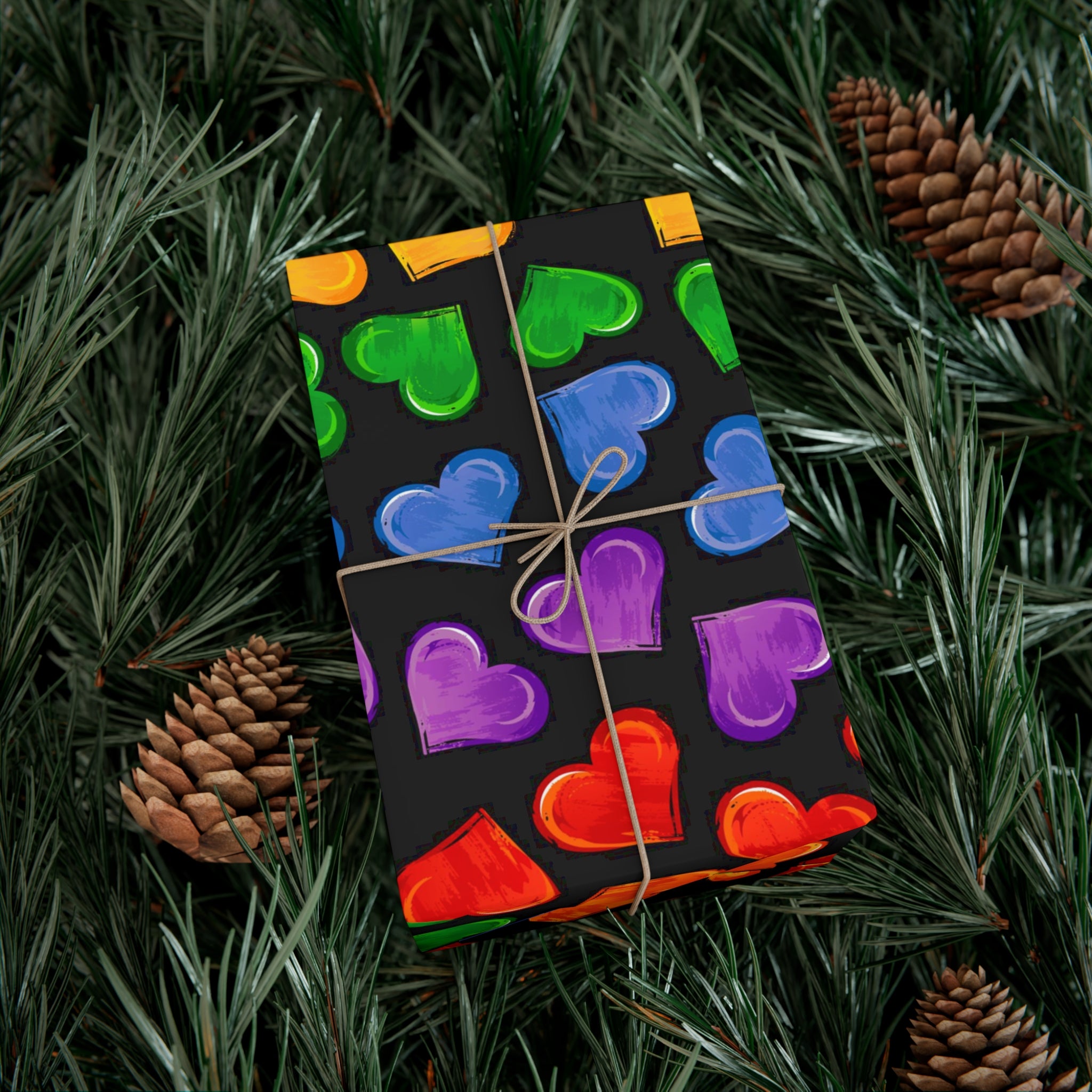 Colorful Pride Heart Wrapping Paper featuring vibrant heart patterns in a satin finish, perfect for gift wrapping.