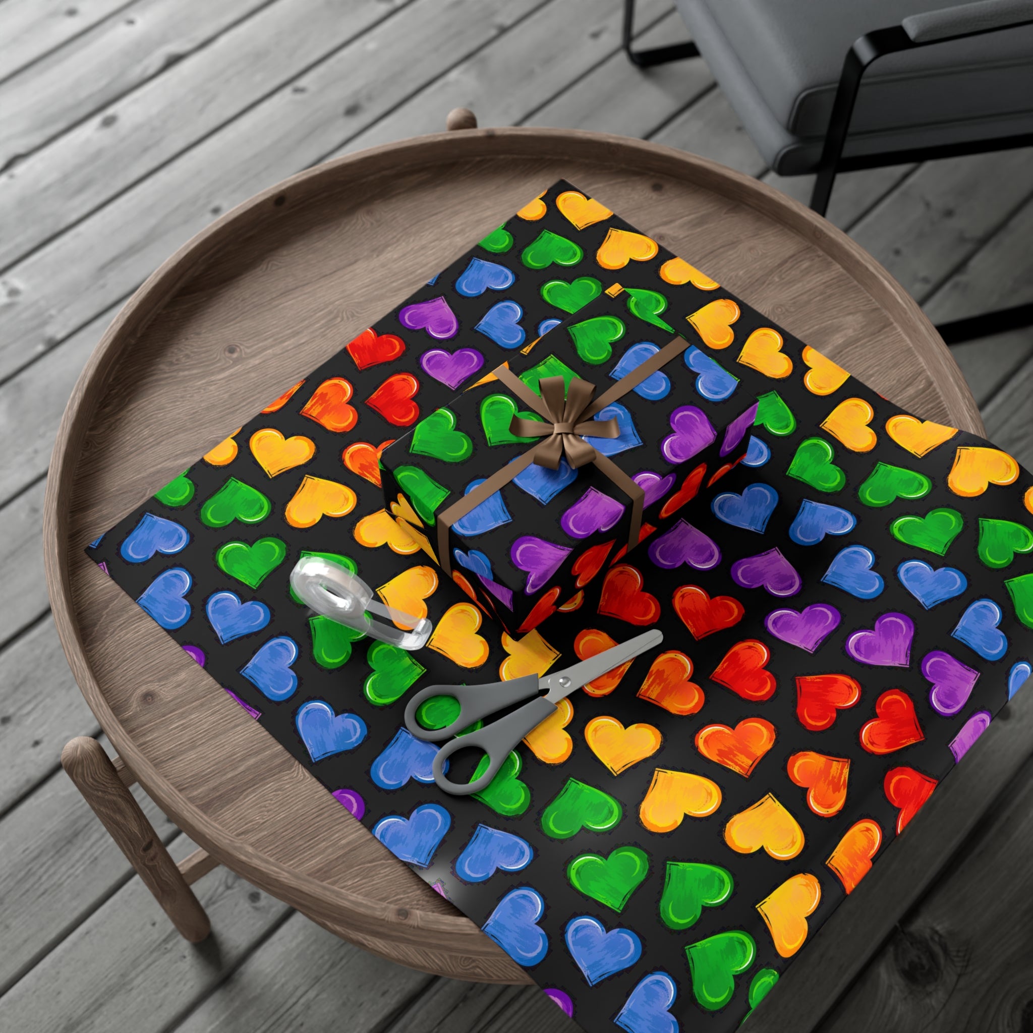 Colorful Pride Heart Wrapping Paper featuring vibrant heart patterns in a satin finish, perfect for gift wrapping.