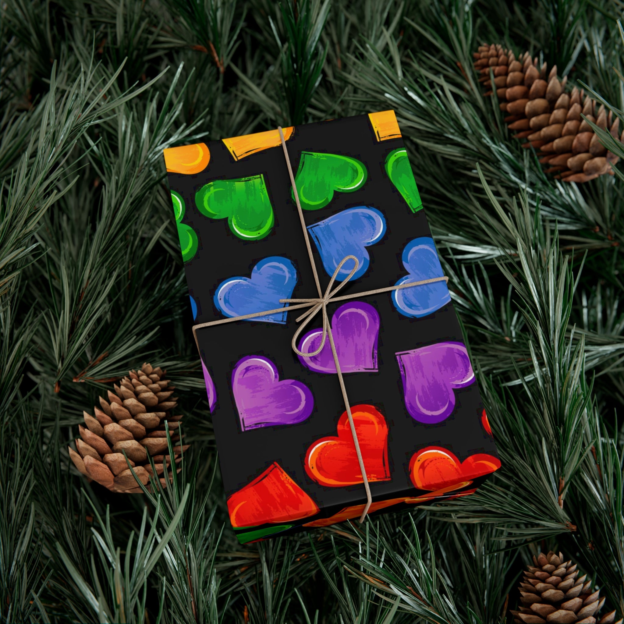 Colorful Pride Heart Wrapping Paper featuring vibrant heart patterns in a satin finish, perfect for gift wrapping.