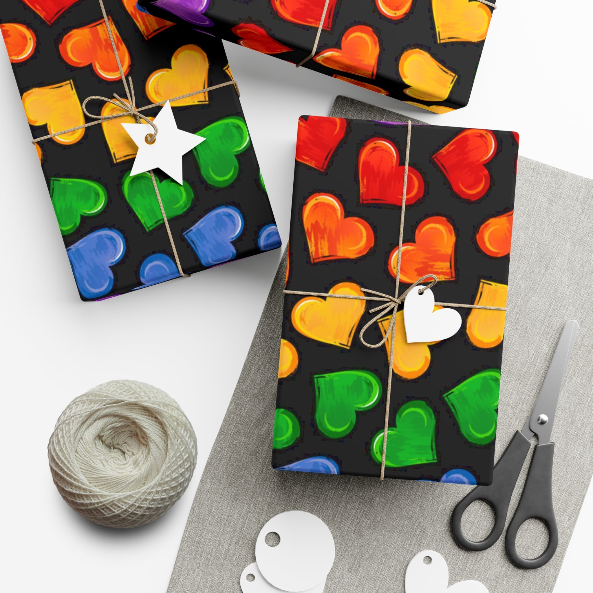 Colorful Pride Heart Wrapping Paper featuring vibrant heart patterns in a satin finish, perfect for gift wrapping.